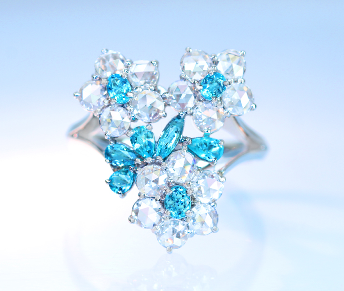 【NEW HANDMADE】PT950 ブラジル産パライバトルマリン リング 0.519ct ローズカットダイヤモンド 1.193ct “Perfume of jewels”
