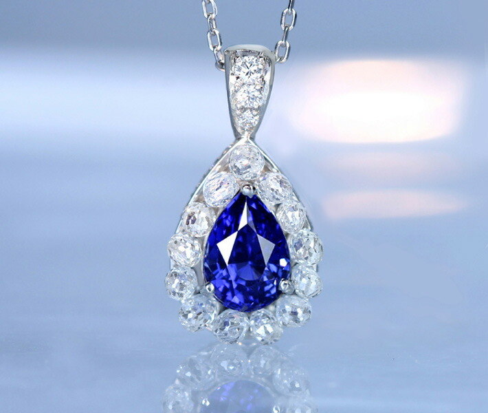 【HANDMADE】PT950 非加熱サファイア 1.03ct ブリオレットカットダイヤモンド 1.290ct ダイヤモンド 0.148ct ペンダントトップ ※GIA鑑別書付 ペアシェイプ ノーヒート