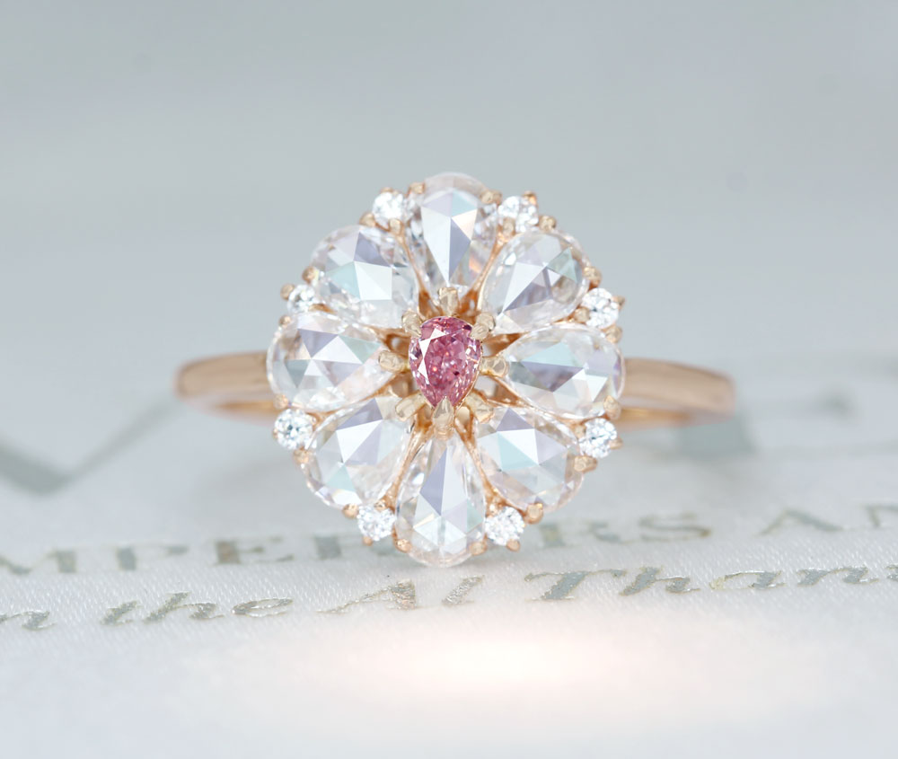 【HANDMADE】K18PG 天然ピンクダイヤモンド　0.083ct FANCY PINK SI-2 ダイヤモンド　0.91ct リング