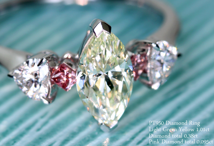 【HANDMADE】天然グリーンダイヤモンドリング(指輪)1ct/LIGHT GREEN YELLLOW/VS2 プラチナ950　ダイヤモンド・ピンクダイヤモンド　