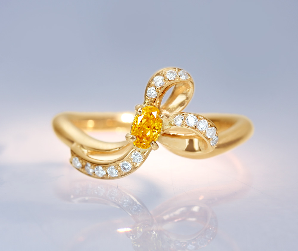 【HANDMADE】K18PG　天然オレンジダイヤモンド　0.175ct　FANCY VIVID YELLOW ORANGE　SI-2　ダイヤモンド 0.99ct　リング[CGL]