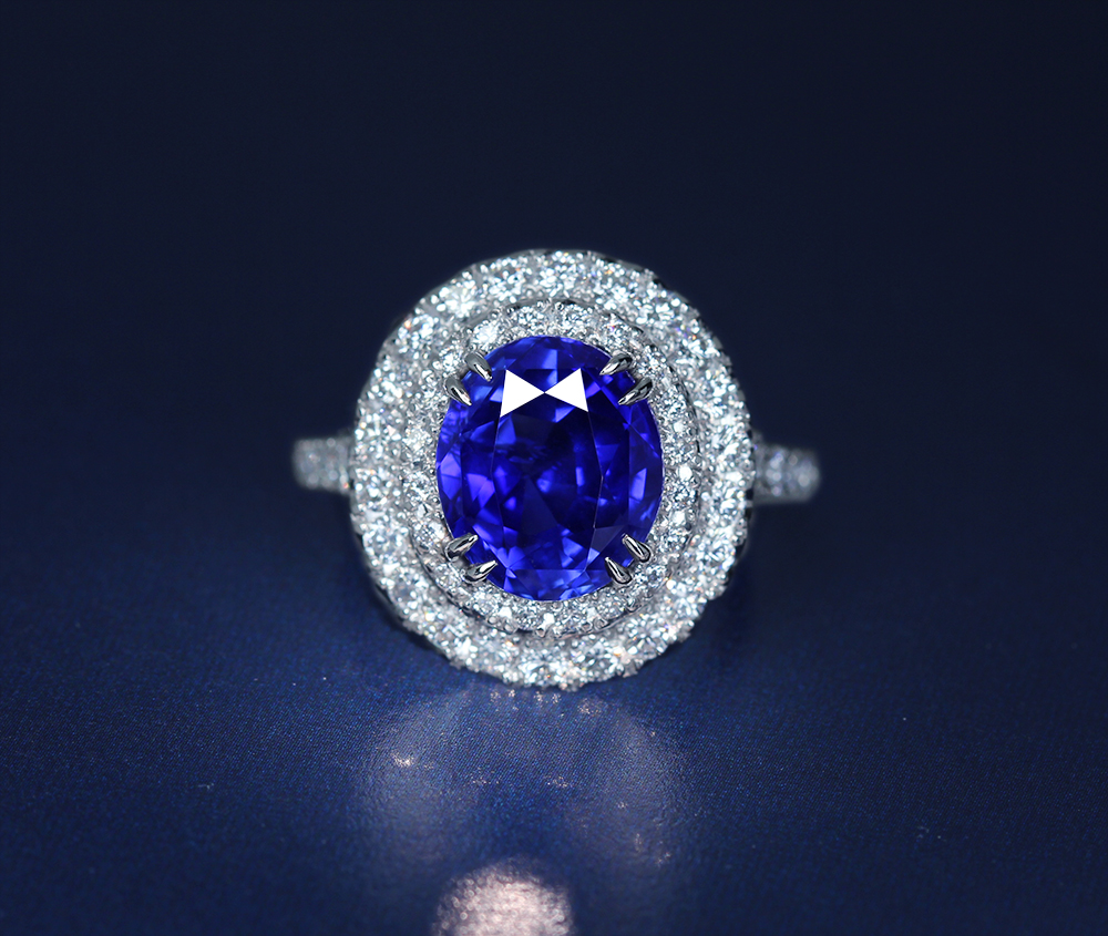 【HANDMADE】PT950　非加熱ビルマ産サファイア　4.27t　ダイヤモンド　0.86ct　リング[GIA]