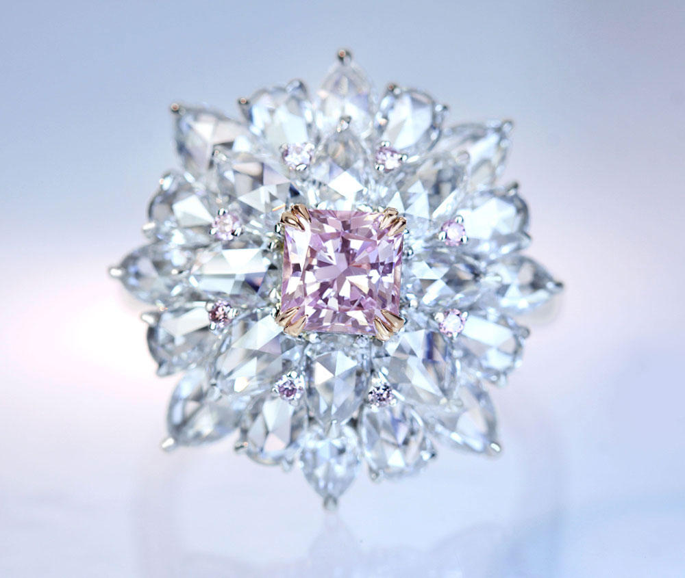 【HANDMADE】PT950/K18PG パープルダイヤモンド 0.68ct FANCY PINKISH PURPLE SI2 リング ローズカットダイヤモンド 2.734ct ピンクダイヤモンド 0.068ct〔GIA〕