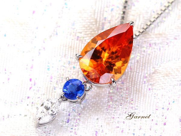 【HANDMADE】マンダリンガーネットネックレス　2.9ct　プラチナ　アウイナイト・ダイヤモンド　スウィングタイプ