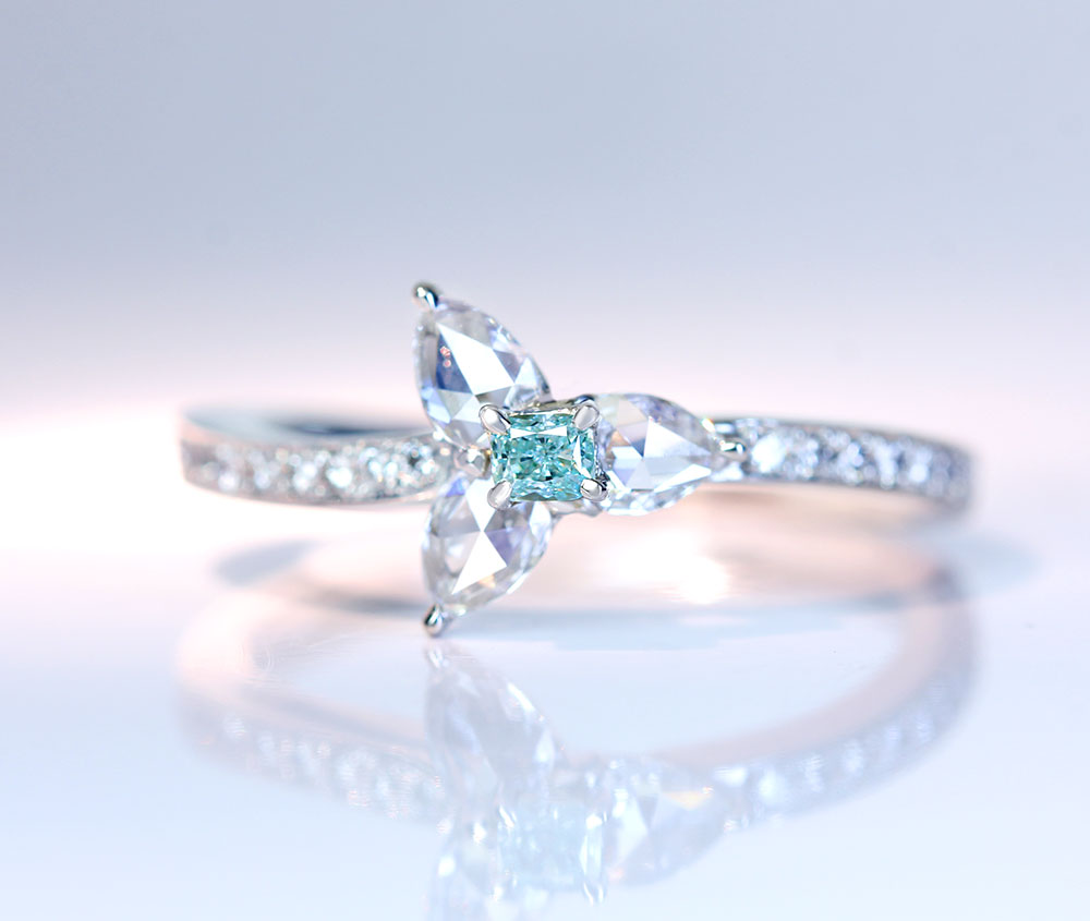 【HANDMADE】PT950 グリーンブルーダイヤモンド 0.07ct FANCY BLUISH GREEN リング ダイヤモンド 0.12/0.287ct 〔GIA〕- Altair –