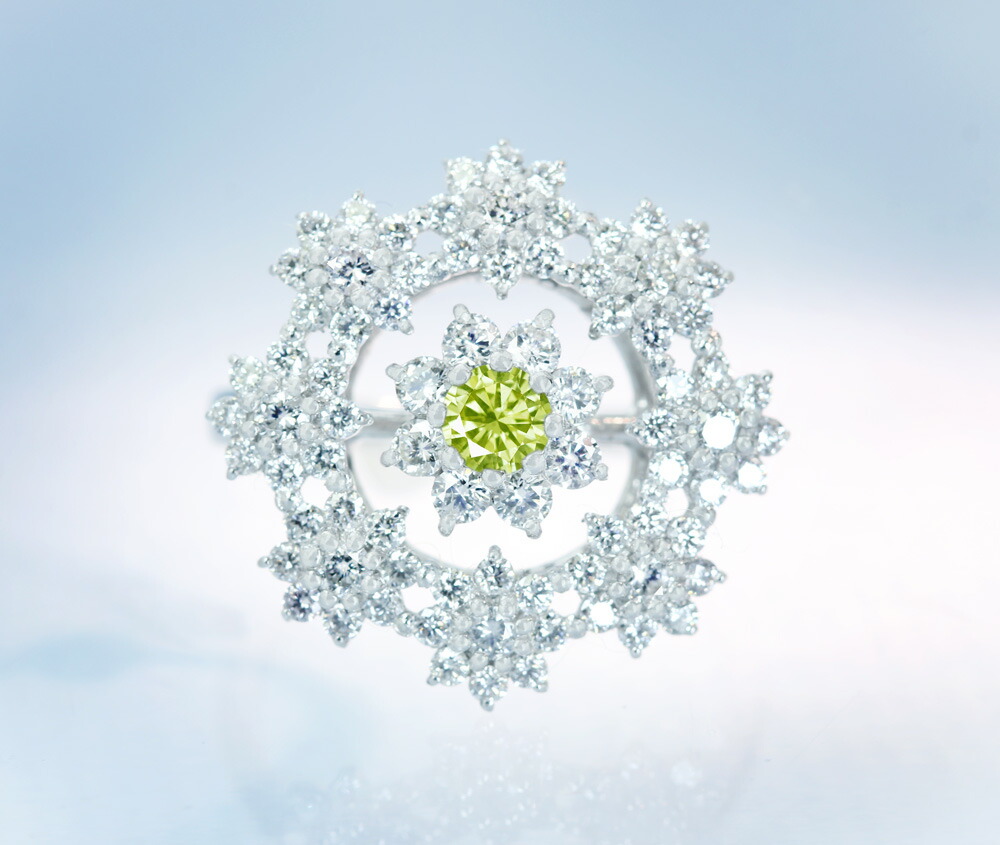 【HANDMADE】PT950 天然グリーンイエローダイヤモンド　0.182ct FANCY LIGHT GREENISH YELLOW SI-2 ダイヤモンド　1.13ct リング