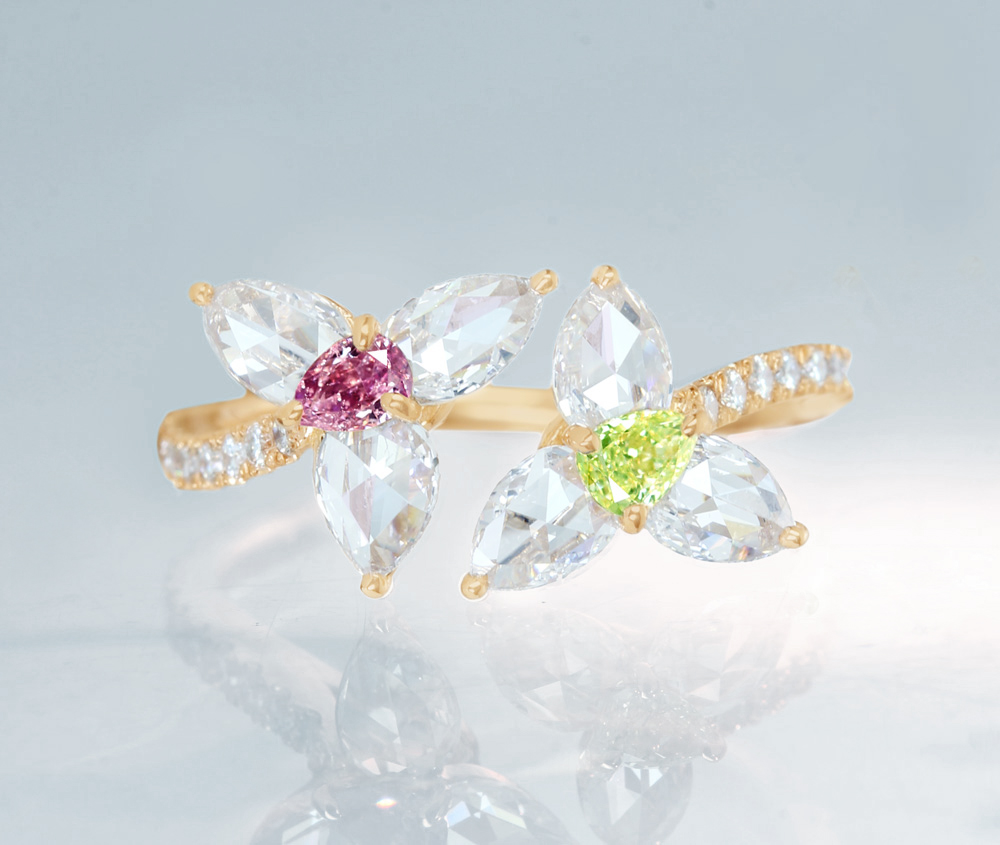 【特別価格】【HANDMADE】K18PG　ピンクダイヤモンド　0.087ct　FANCY DEEP PURPLISH PINK　I-1　イエローダイヤモンド　0.108ct　FANCY LIGHT GREENISH YEELLOW　VVS-2　ローズカットダイヤモンド　1.068ct　リング　ペアシェイプ