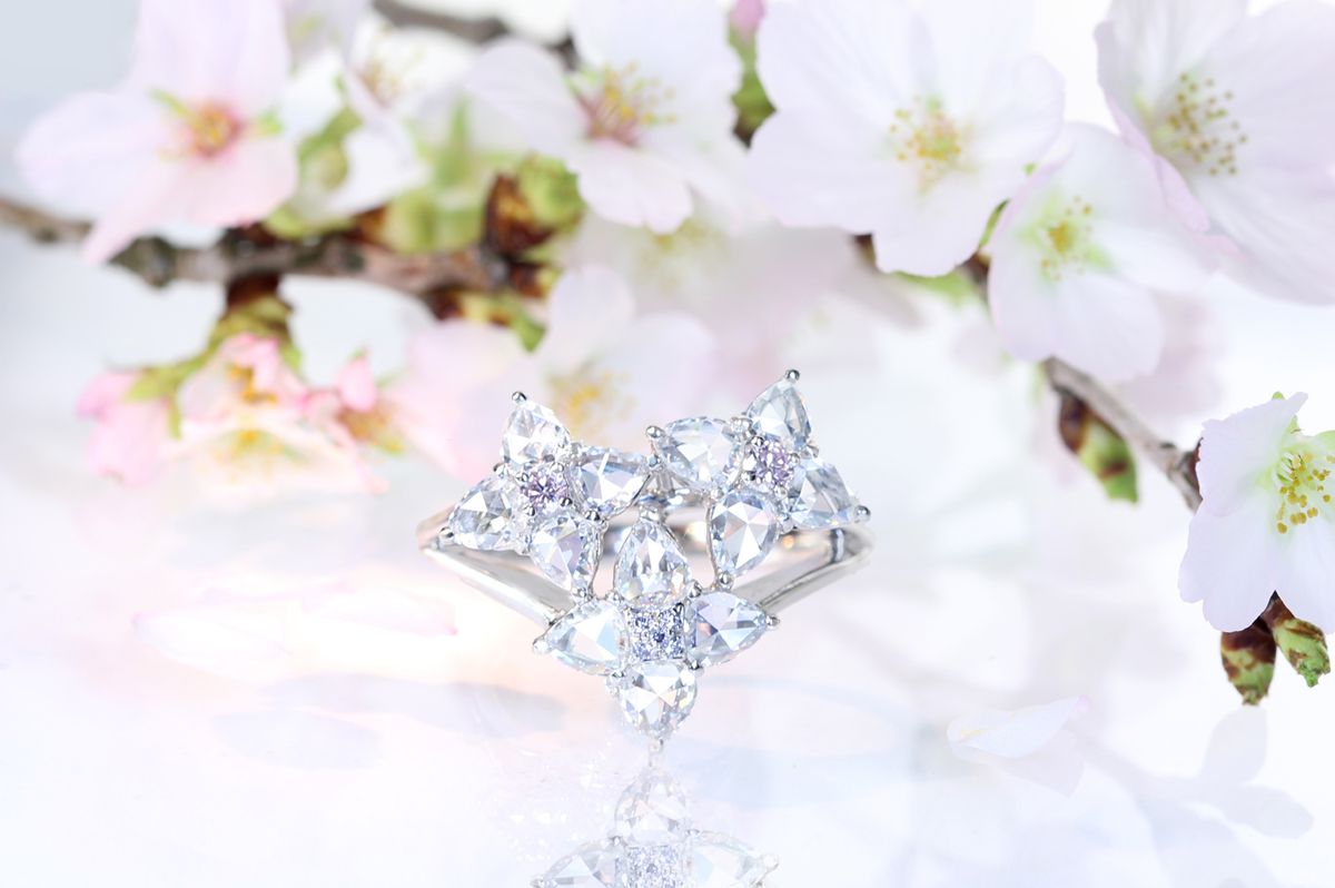 【HANDMADE】PT950 0.068ctピンクダイヤモンド 0.014ct ブルーダイヤモンド 1.242ct ダイヤモンド ローズカットダイヤモンド リング