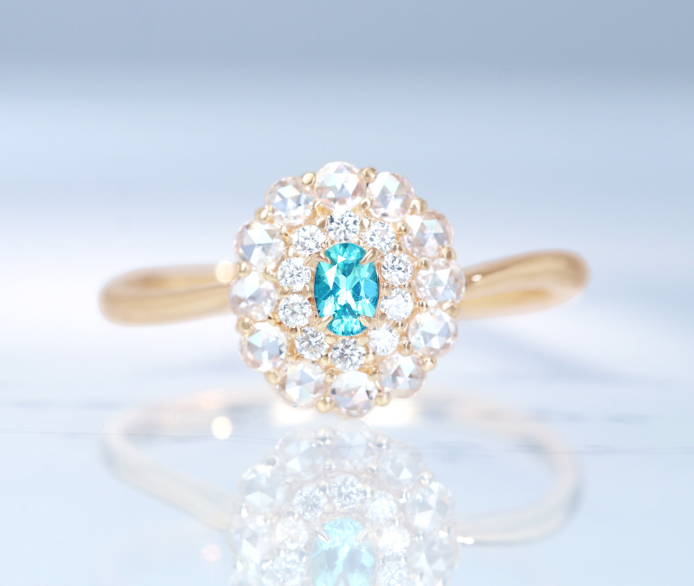 K18PG　ブラジル産パライバトルマリン　0.087ct　ダイヤモンド　0.304ct　リング　ローズカットダイヤモンド《jewelry》