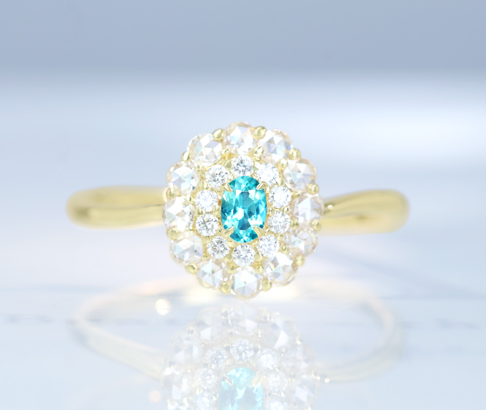 K18YG　ブラジル産パライバトルマリン　0.087ct　ダイヤモンド　0.305ct　リング　ローズカットダイヤモンド《jewelry》