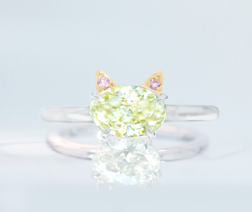 【HANDMADE】PT950/K18PG　イエローダイヤモンド　0.907ct　VERY LIGHT YELLOW　VS1　ピンクダイヤモンド　0.02ct　リング　猫モチーフ[CGL]