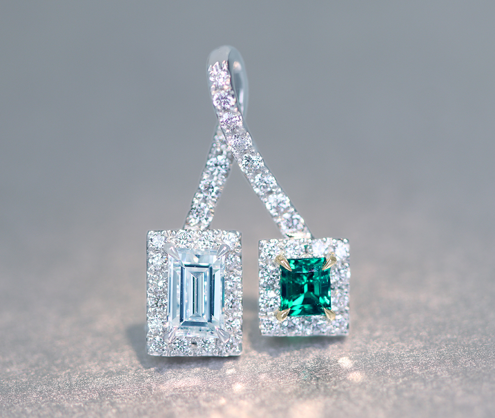 【HANDMADE】PT950/K18　コロンビア産ノンオイル　エメラルド　0.18ct　ダイヤモンド　D VS1　0.388ct　ダイヤモンドメレ　0.282ct　ペンダントトップ　[GIA][CGL]