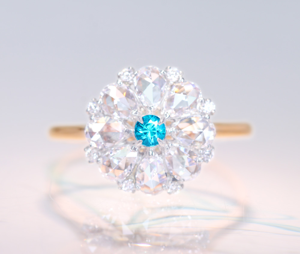 【HANDMADE】PT950/K18PG　ブラジル産パライバトルマリン　0.09ct　ローズカットダイヤモンド　0.664ct　ダイヤモンドメレ　0.061ct　リング