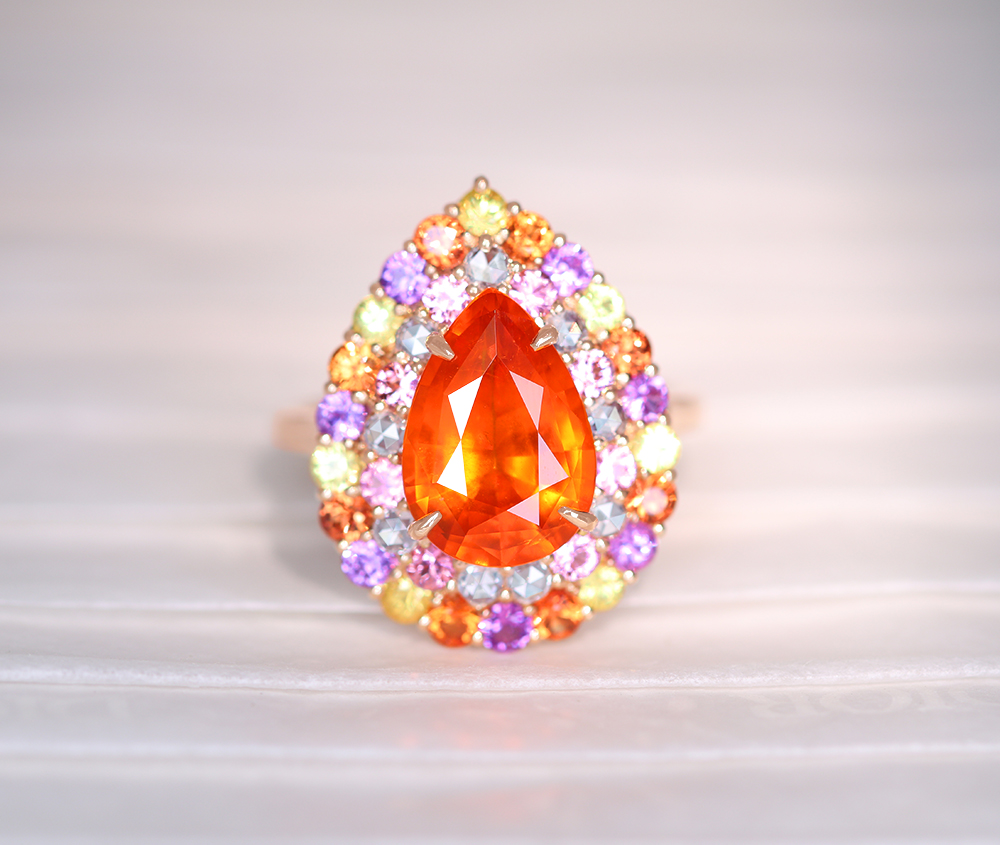 【HANDMADE】K18　スぺサタイトガーネット　3.67ct　カラーサファイア　1.526ct ローズカットダイヤモンド　0.209ct リング