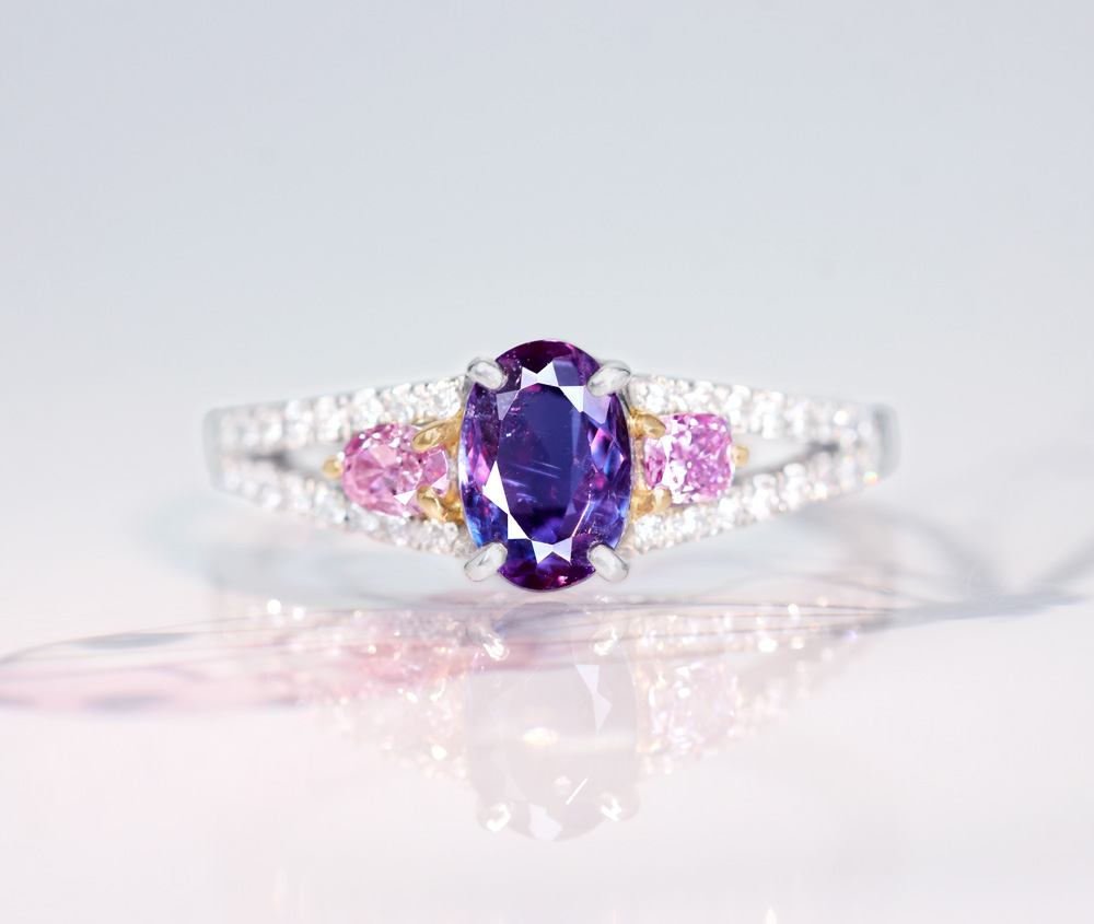 【HANDMADE】PT950/K18PG　アレキサンドライト　0.60ct　天然ピンクダイヤモンド　0.113ct　FANCY PURPLE PINK　SI-1　天然ピンクダイヤモンド　0.087ct　FANCY PINK PURPLE　VS-2　ダイヤモンド 0.148ct　リング[CGL]