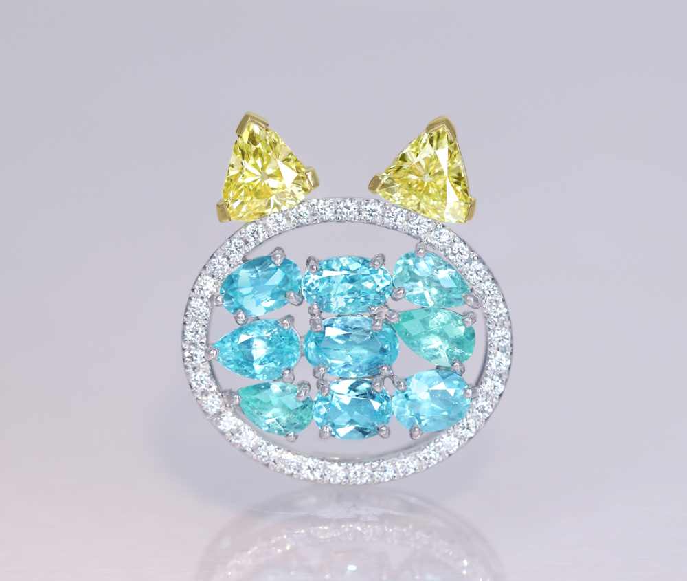 【HANDMADE】PT950　パライバトルマリン　2.328ct　イエローダイヤモンド　0.494ct/0.463ct　FANCY LIGHT YELLOW　ペンダントトップ　猫モチーフ[CGL]