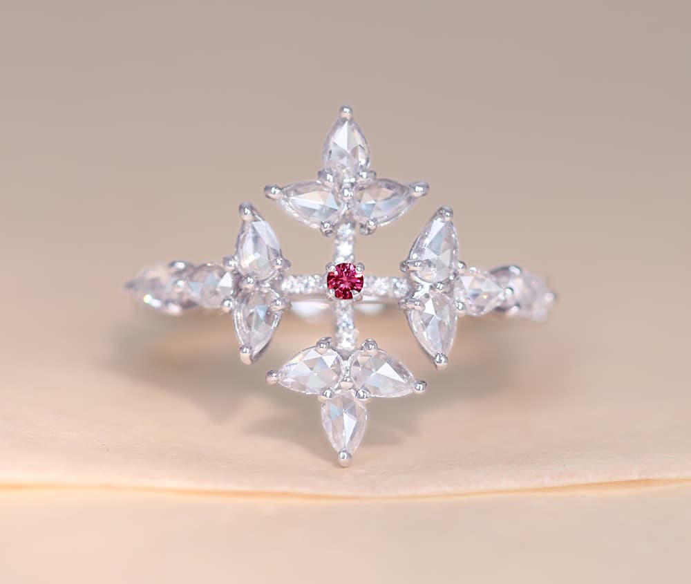 【HANDMADE】PT950　ピンクダイヤモンド　0.021ct　FANCY VIVID PURPLISH PINK　SI-2　　ダイヤモンド ローズカットダイヤモンド　0.810ct　リング　[AGT]