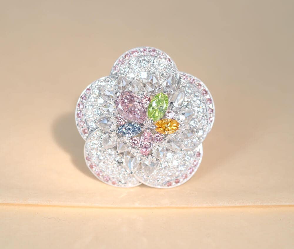 【HANDMADE】PT950 FANCY BLUE 0.113ct　FANCY LIGHT BROWNISH PURPLE PINK 0.506ct FANCY PURPLISH PINK 0.113ct　FANCY VIVID ORANGE YELLOW 0.173ct　FANCY VIVID YELLOW GREEN 0.306ct　ダイヤモンド/ピンクダイヤモンド 2.975ct　リング [CGL][AGT]