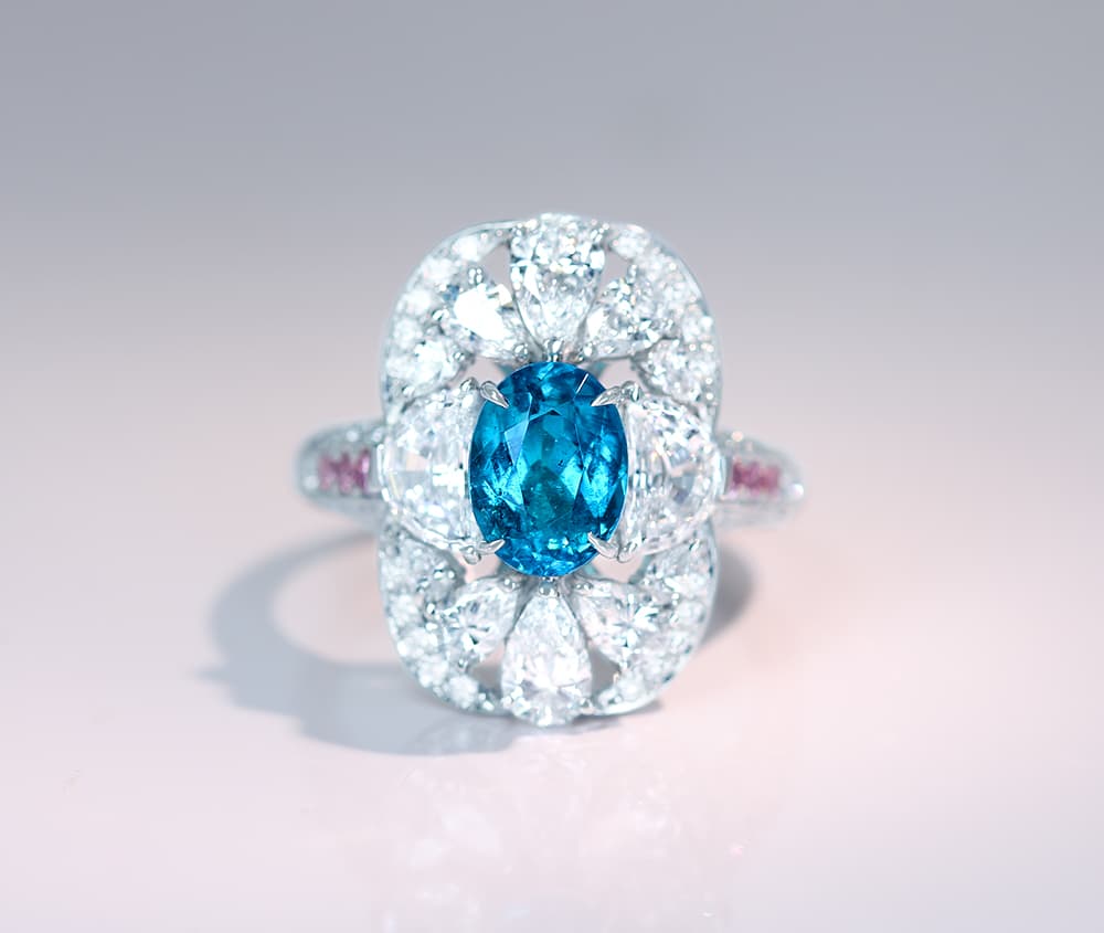 【HANDMADE】PT950 パライバトルマリン 1.44ct ピンクダイヤモンド 0.116ct ダイヤモンド 2.108ct リング [GIA/AGT]