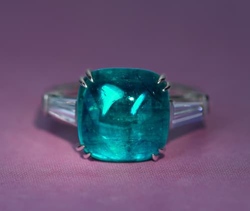 【HAMDMADE】PT950　シュガーローフカット　 コロンビア産エメラルド　5.137ct ダイヤモンド　0.36ct　テーパーカット　リング