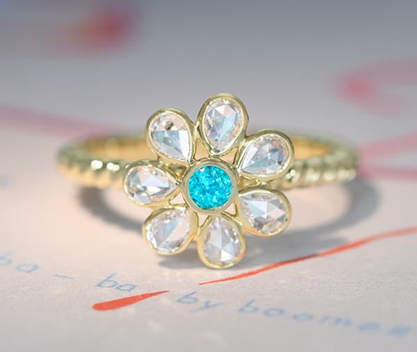 【HANDMADE】PARAIBA FLOWER　K18YG　ブラジル産パライバトルマリン　0.12ct　ローズカットダイヤモンド　0.393ct　リング