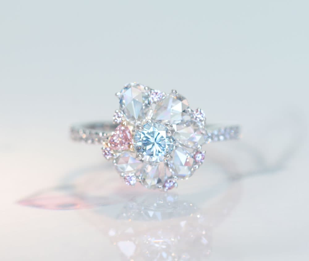 【HANDMADE】PT950/K18PG グリーンブルーダイヤモンド FAINT GREEN BLUE VS-2 0.362ct ピンクダイヤモンド FANCY PINK SI-2 0.069ct ピンクダイヤモンド ローズカットダイヤモンドリング[中央宝石研究所]