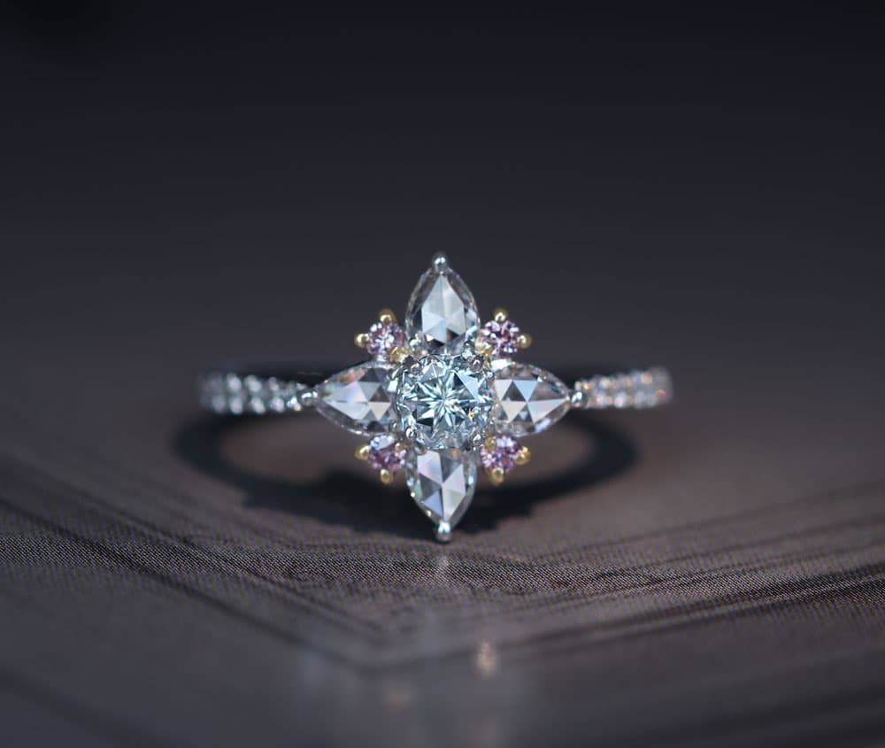 【HANDMADE】PT950/K18PG ダイヤモンド D VS-1 0.296ct ピンクダイヤモンド 0.073ct ペアシェイプダイヤモンド 0.40ct ダイヤモンド 0.156ct リング[中央宝石研究所]
