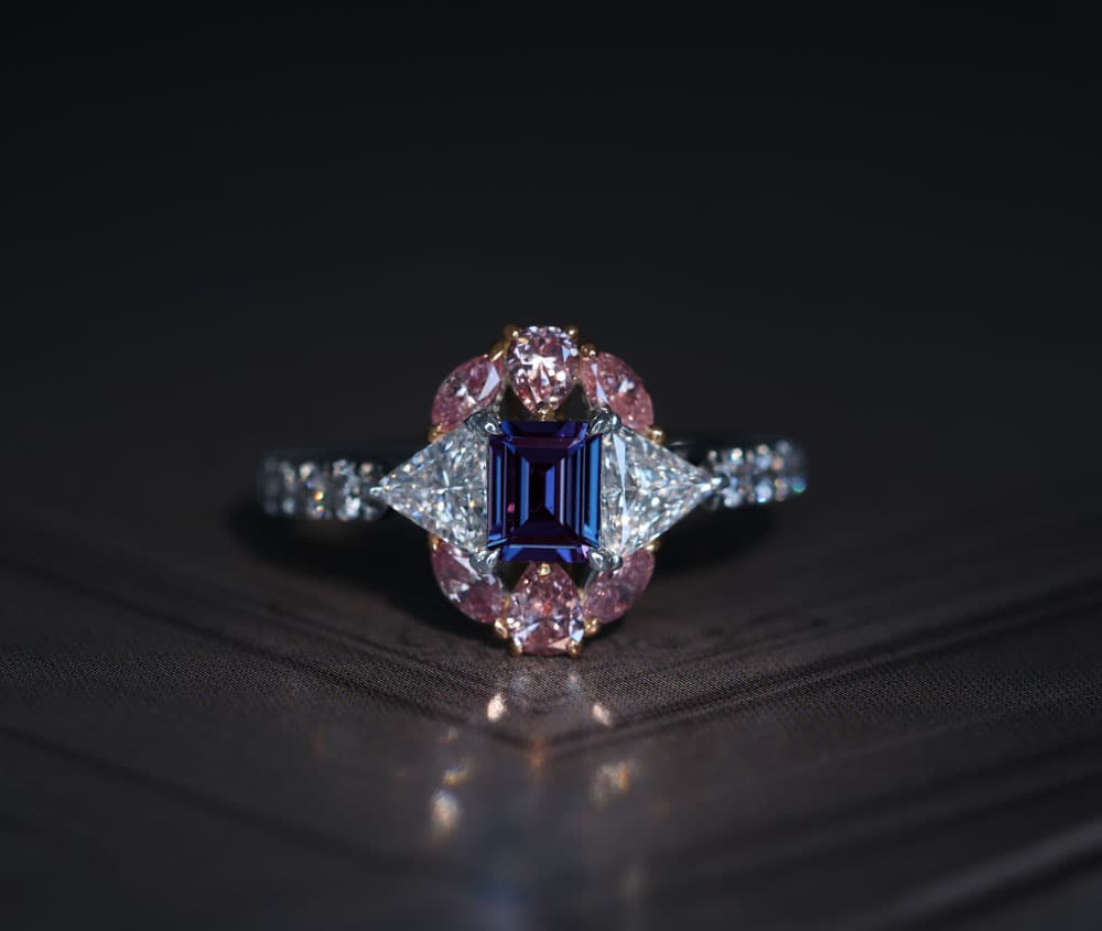 【HANDMADE】PT950/K18PG アレキサンドライト 0.396ct ピンクダイヤモンド total0.446ct ダイヤモンド total0.441ct/0.299ct リング[中央宝石研究所]