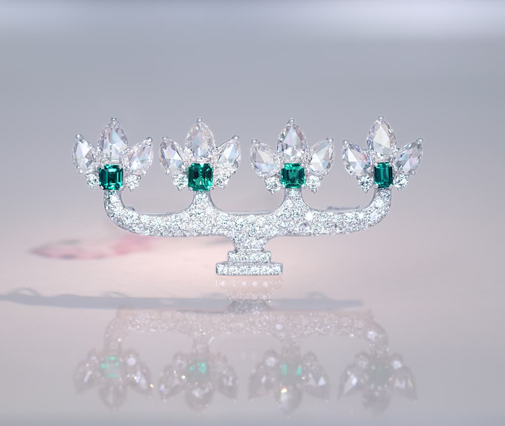【HANDMADE】PT950 コロンビア産ノンオイルエメラルド 0.17/0.16/0.14/0.13ct ダイヤモンド 3.264ct ブローチ[GIA]