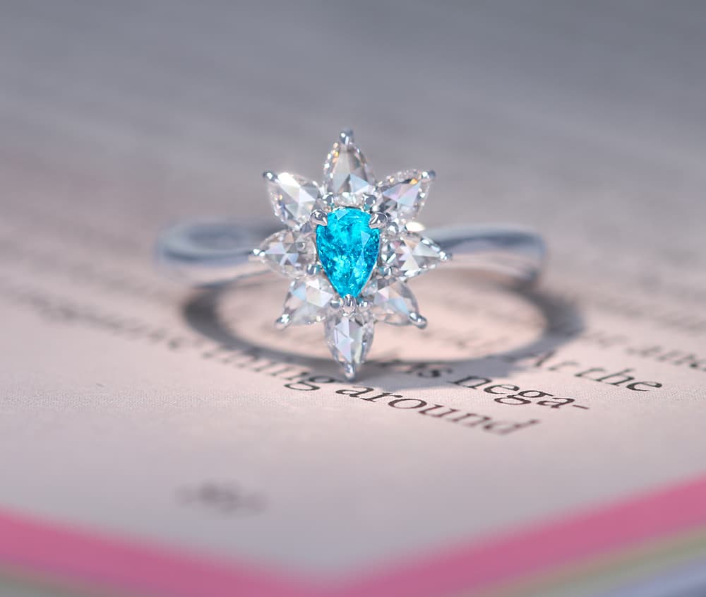 【HANDMADE】PT950 ブラジル産 パライバトルマリン 0.198ct ローズカットダイヤモンド 0.393ctリング CuO 4％アップ[中央宝石研究所]