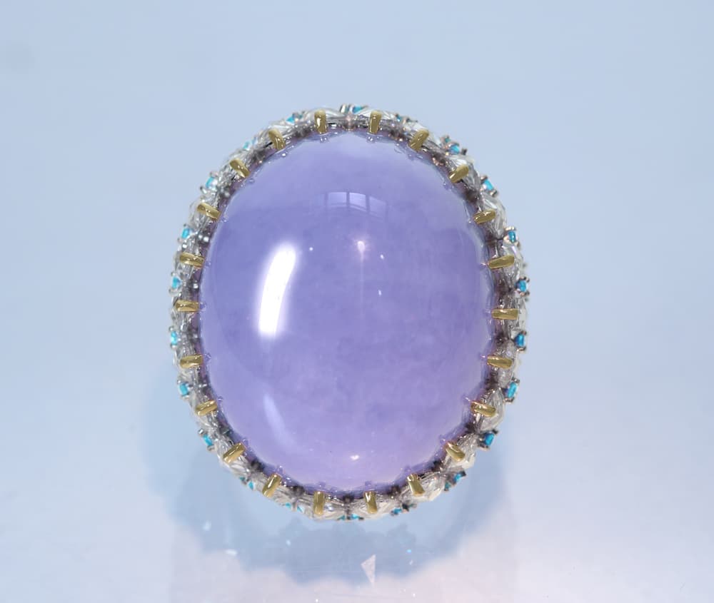 【HANDMADE】PT950/K18YG　ラベンダー翡翠　57.52ct　ブラジル産パライバトルマリン　0.34ct　ダイヤモンド　7.434ct　リング