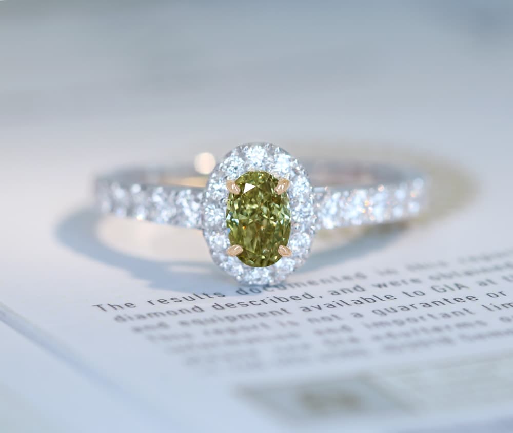 【HANDMADE】PT950/K18PG　天然グリーンダイヤモンド　0.445ct　FANCY GRAYISH YELLOW GREEN　ダイヤモンド　0.479ct　リング[CGL]