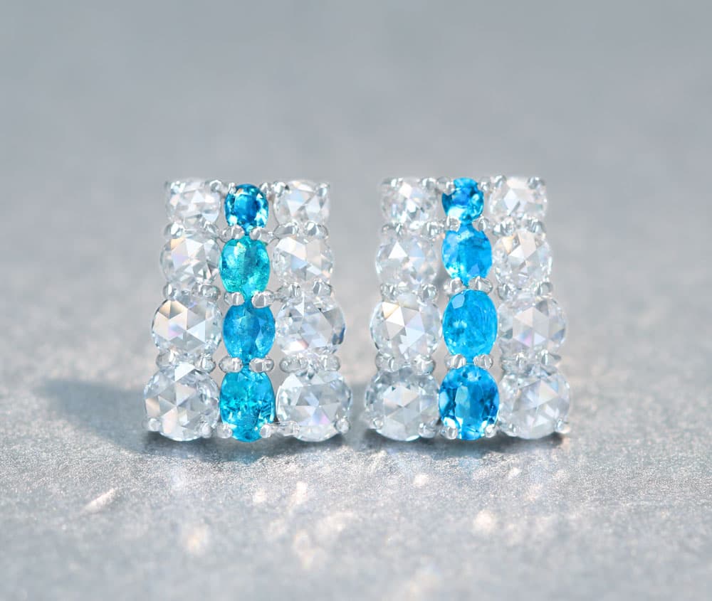 【HANDMADE】PT950 ブラジル産パライバトルマリン0.222ct/0.256ct ローズカットダイヤモンド0.486ct/0.487ct ピアス[宝石貴金属協会]