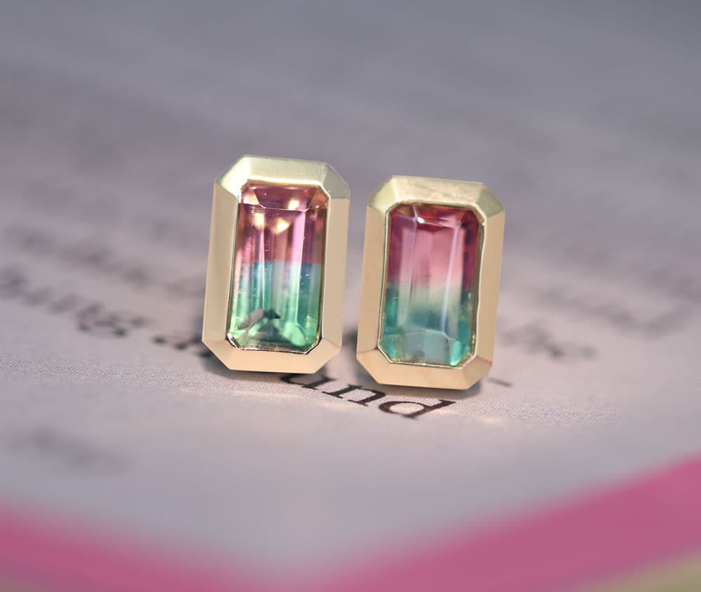 【HANDMADE】K18YG　バイカラートルマリン　0.314/0.328ct　ピアス　ウォーターメロントルマリン