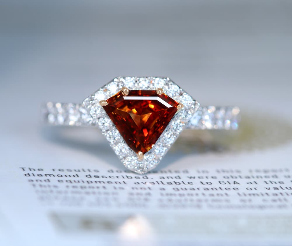 【HANDMADE】PT950/K18PG　天然ブラウンダイヤモンド　0.830ct　FANCY DARK ORANGY BROWN　ダイヤモンド　0.619ct　リング[CGL]