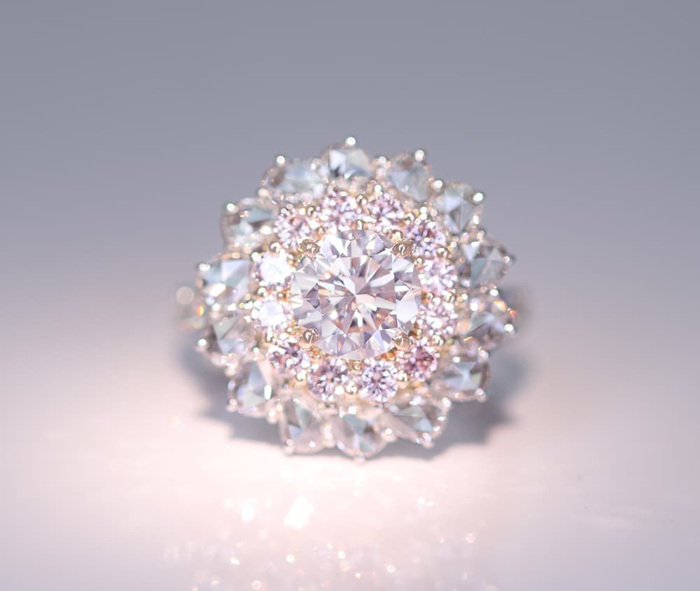 【HANDMADE】PT900 ピンクダイヤモンド 1.250ct FAINT BROWN PINK TYPE2 ピンクダイヤモンドメレ 0.602ct ダイヤモンド/ローズカットダイヤモンド 1.44ct リング