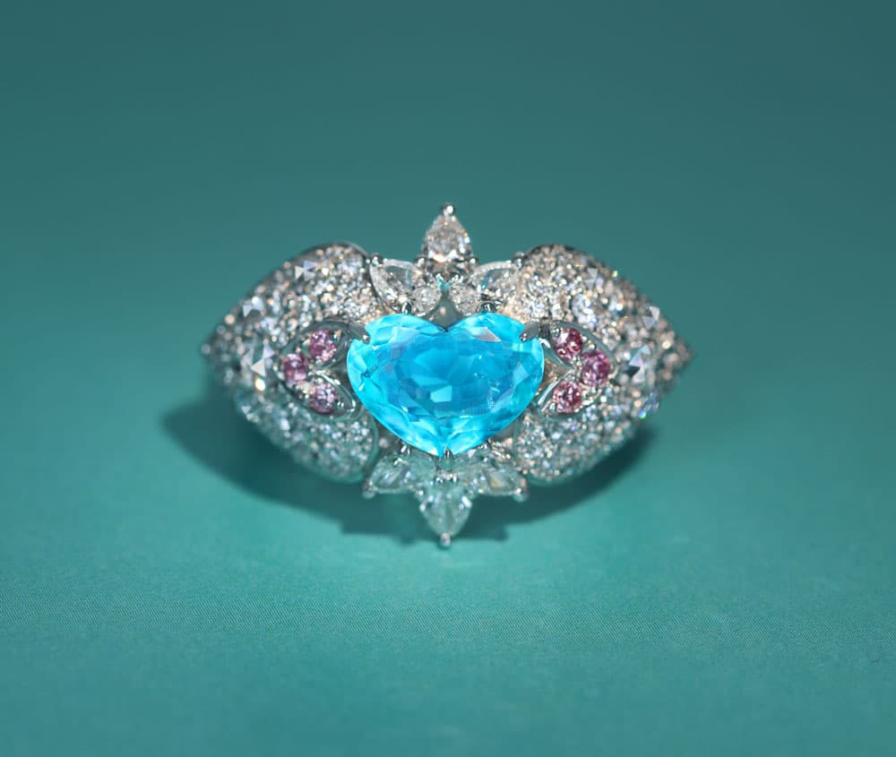 【HANDMADE】PT950 　モザンビーク産パライバトルマリン 1.45ct ピンクダイヤモンド　0.096ct　ダイヤモンド/ローズカットダイヤモンド 1.953ctリング