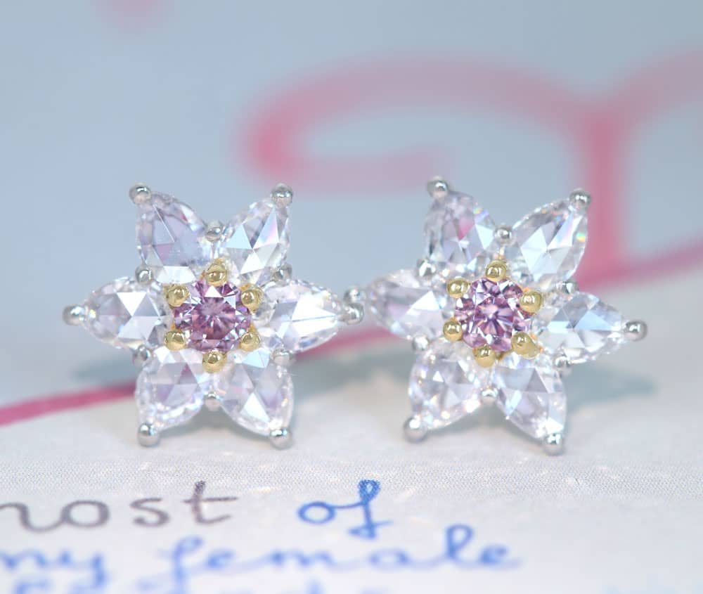 【HANDMADE】PT950/K18 ピンクダイヤモンド　0.078ct/0.063ct FANCY LIGHT PURPLISH PINK SI2 ローズカットダイヤモンド 0.363ct/0.363ct ピアス フラワーモチーフ[中央宝石研究所]
