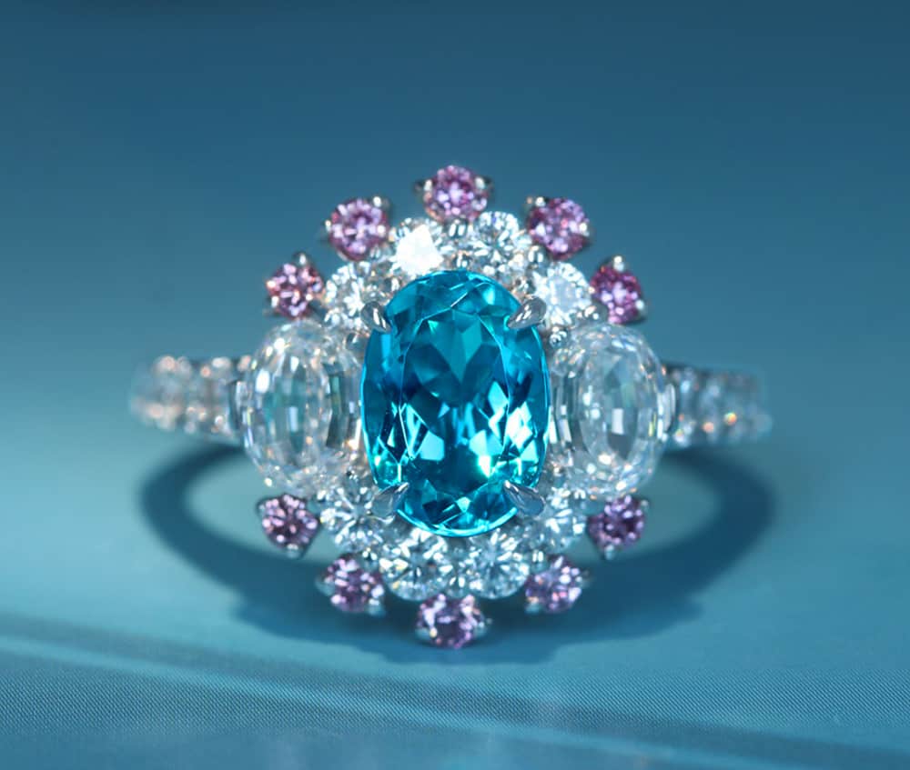 【HANDMADE】PT950 ブラジル産パライバトルマリン 1.06ct ダイヤモンド D IF 0.52ct/E IF 0.50ct ピンクダイヤモンド 0.231ct メレダイヤモンド 0.724ct リング[GIA/AGTジェムラボラトリー]