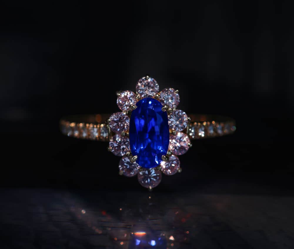 【HANDMADE】K18PG スリランカ産非加熱ブルーサファイア 1.30ct ピンクダイヤモンド total0.636ct ダイヤモンド 0.17ct リング[GIA/中央宝石研究所]