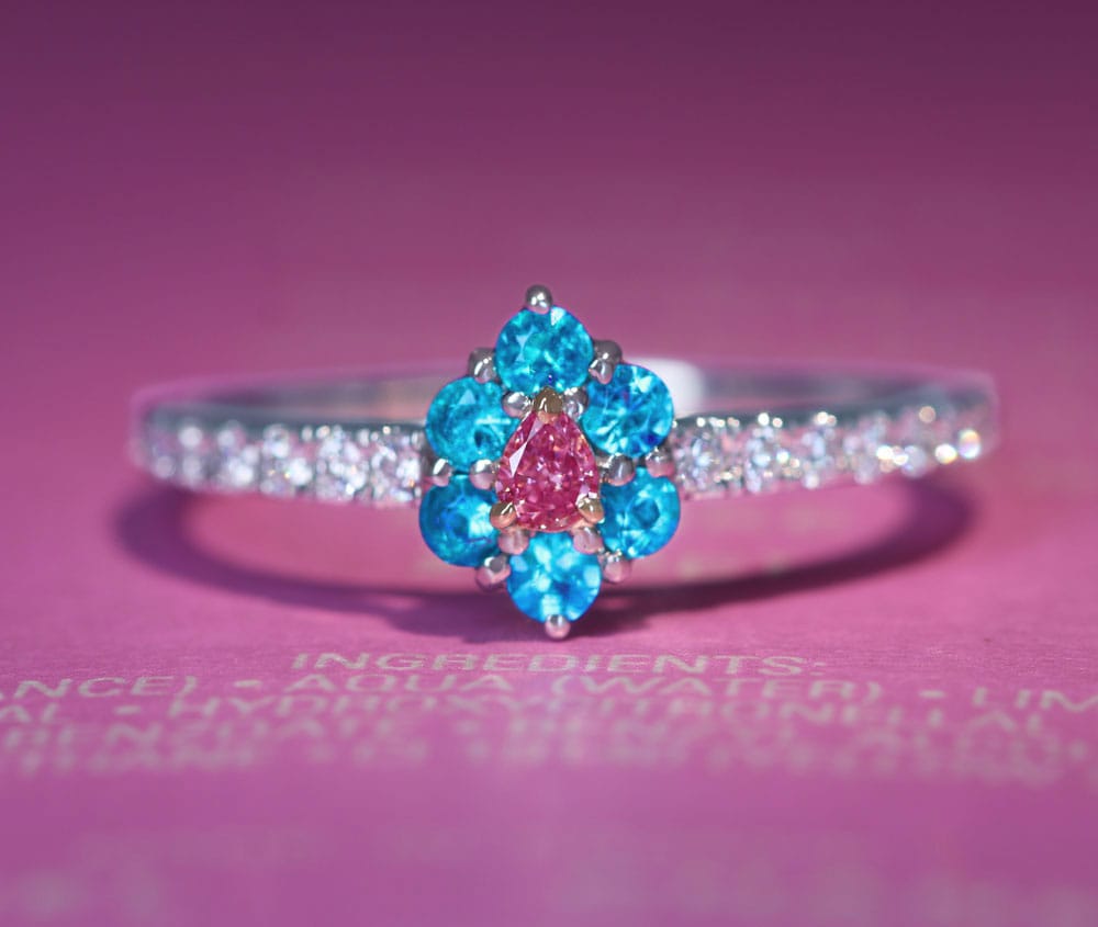 【HANDMADE】PT950/K18PG ピンクダイヤモンド FANCY INTENSE PURPLISH PINK ブラジル産パライバトルマリン 0.18ct ダイヤモンド 0.178ct リング[中央宝石研究所]